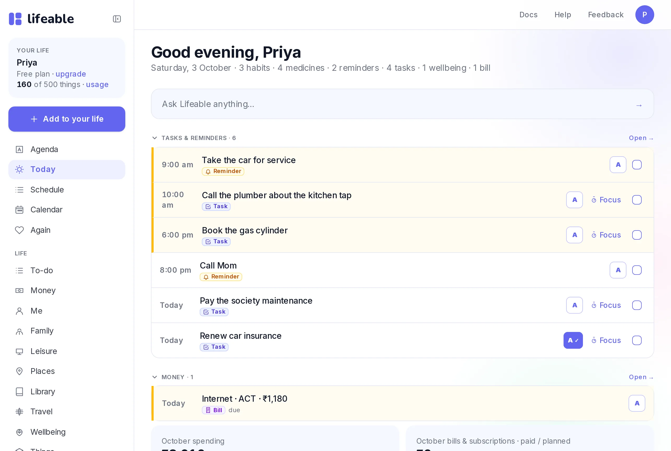 Lifeable's Today page
