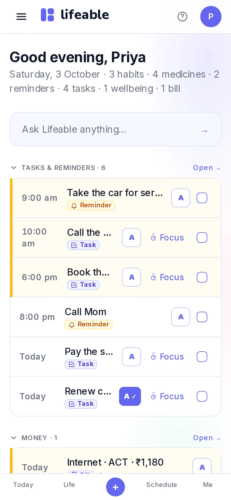 Lifeable's Today page on a phone, with the day's habits among the tasks, medicines and bills